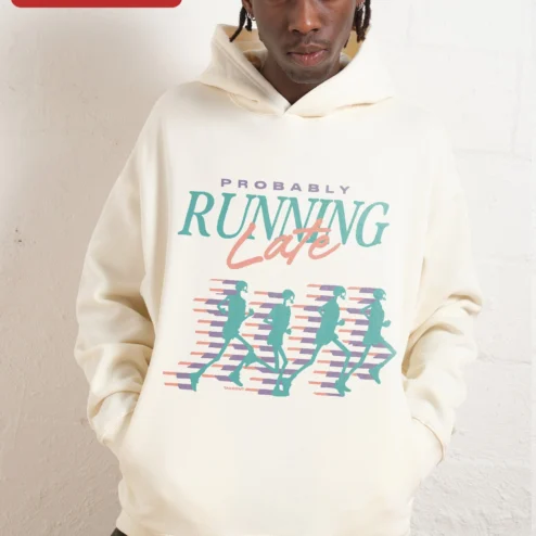 Close-up of Probably Running Late Hoodie Funny Skeleton Runner Retro Gym Wear Gift for Men for streetwear fans in Chicago, Illinois