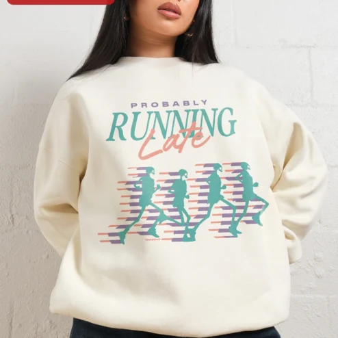 Close-up of Probably Running Late Sweatshirt Funny Always Late Skeleton Runner Gift for streetwear fans in Chicago, Illinois