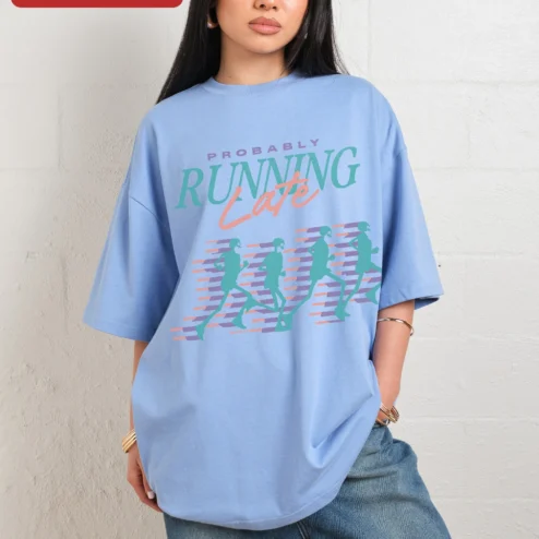 Customer in Chicago, Illinois wearing Probably Running Late Tee Funny Procrastinator Gift for Women Men Retro Skeleton Runner Graphic T-Sh