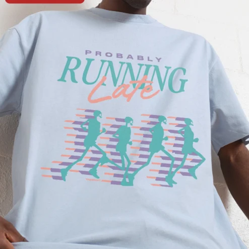 Customer in Chicago, Illinois wearing Probably Running Late Tee Funny Skeleton Runner Graphic T-Shirt for Women Men
