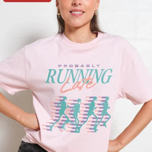 Close-up of Probably Running Late Tee Funny Skeleton Runner Graphic T-Shirt for Women Men for streetwear fans in Chicago, Illinois