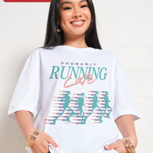 Customer in Chicago, Illinois wearing Probably Running Late Tee Funny Skeleton Runner Graphic T-Shirt for Women Men