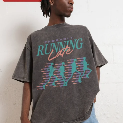 Probably Running Late Tee Retro Runner Gift for Women Men Funny Marathon Shirt on a hanger, ready to ship from Chicago, Illinois