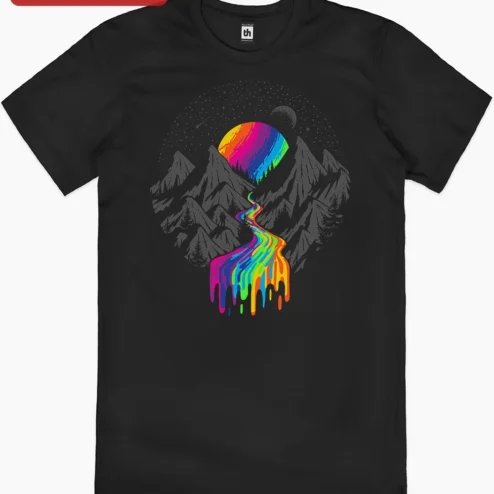 Psychedelic Rainbow River Mountain Landscape Tee Cosmic Nature Hiking Shirt on a hanger, ready to ship from Chicago, Illinois