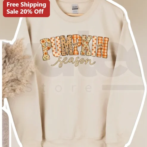 Pumpkin Season Sweatshirt Women's Cozy Fall Crewneck with Buffalo Plaid and Floral Graphic