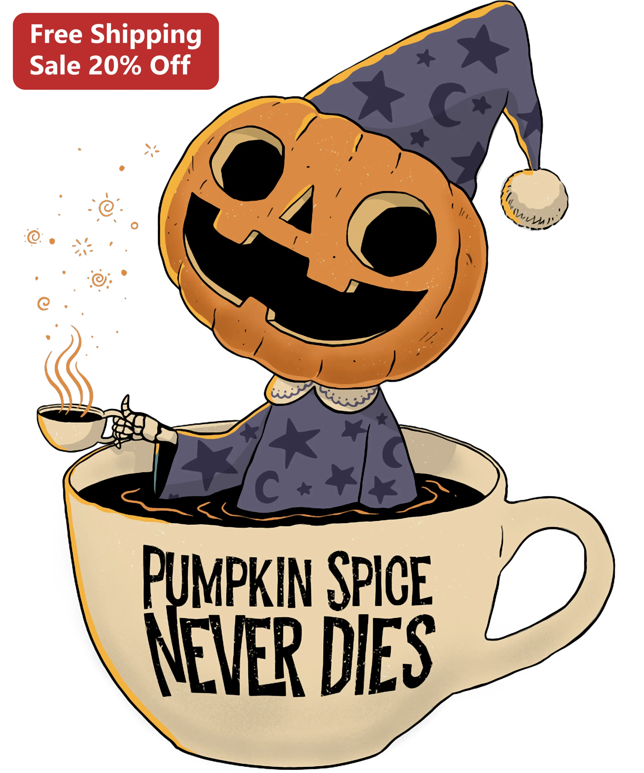 Pumpkin Spice Never Dies Tee Cute Halloween Coffee Wizard Graphic Shirt for Women Men Fall Gift