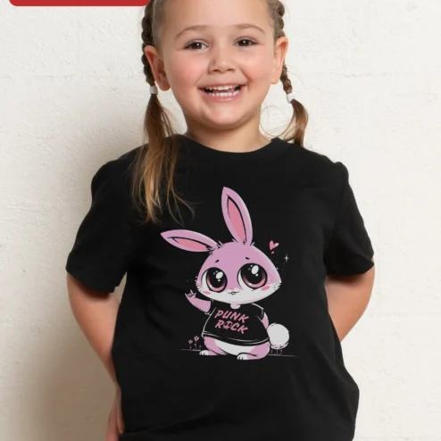 Punk Rock Bunny Kawaii Graphic Tee Cute Pastel Goth Kids Shirt on a hanger, ready to ship from Chicago, Illinois