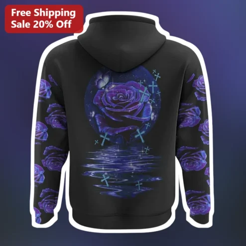 Purple Rose Galaxy Cross All-Over Print Hoodie Celestial Floral Gothic Aesthetic Apparel