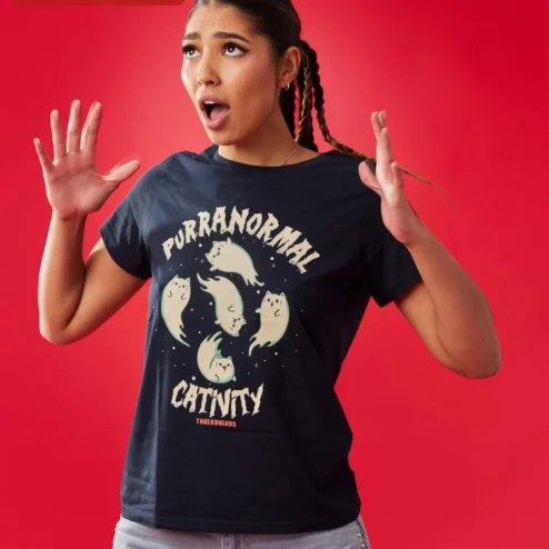 Purranormal Cativity Tee Funny Halloween Cat Parody Shirt for Women Men on a hanger, ready to ship from Chicago, Illinois