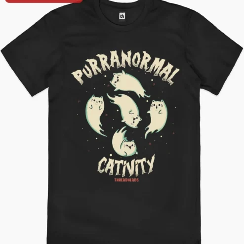 Close-up of Purranormal Cativity Tee Funny Halloween Cat Parody Shirt for Women Men for streetwear fans in Chicago, Illinois