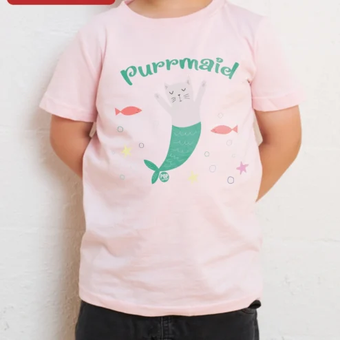 Purrmaid Tee Cute Cat Mermaid Graphic T-Shirt for Kids Girls on a hanger, ready to ship from Chicago, Illinois