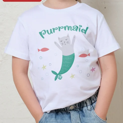 Customer in Chicago, Illinois wearing Purrmaid Tee Cute Cat Mermaid Graphic T-Shirt for Kids Girls