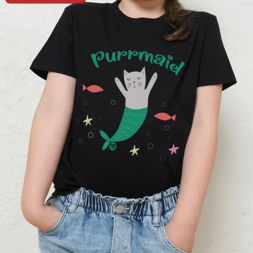 Purrmaid Tee Cute Cat Mermaid Graphic T-Shirt for Kids Girls