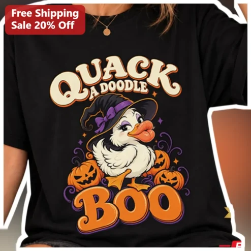 Quack A Doodle Boo Halloween Duck Witch Hat Tee Funny Spooky Cartoon Graphic Shirt