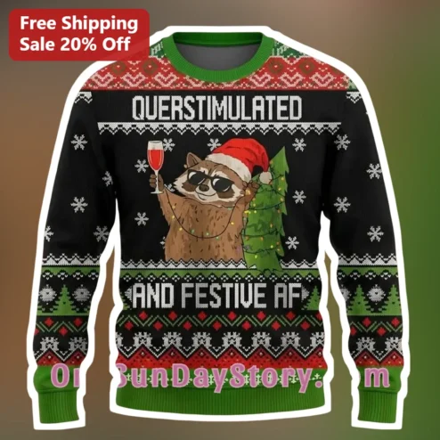 Querstimulated And Festive Af Ugly Christmas Sweater Funny Neurodivergent Holiday Gift