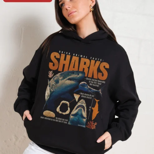 Quick Animal Facts Sharks Hoodie Funny Good Will Hunting Shark Meme Graphic Pullover for Marine Biol on a hanger, ready to ship from Chicago, Illinois