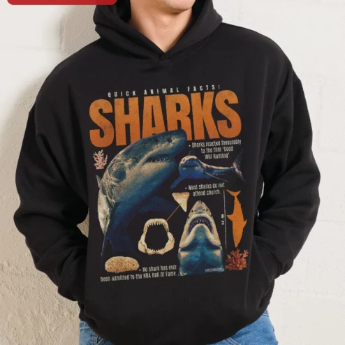 Customer in Chicago, Illinois wearing Quick Animal Facts Sharks Hoodie Funny Good Will Hunting Shark Meme Graphic Pullover for Marine Biol