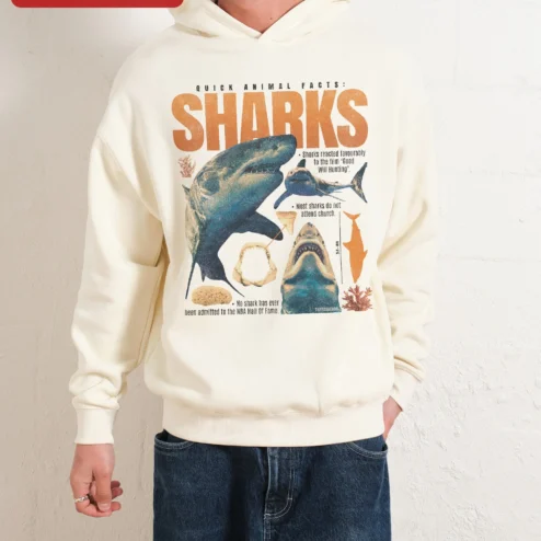 Close-up of Quick Animal Facts Sharks Hoodie Funny Good Will Hunting Shark Meme Graphic Pullover for Marine Biol for streetwear fans in Chicago, Illinois
