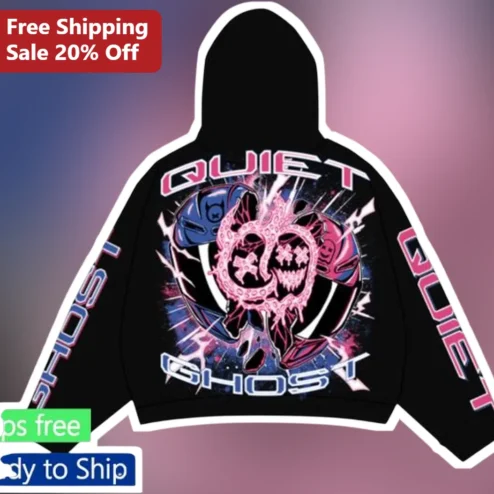 Quiet Ghost Neon Skull Hoodie Cyberpunk Streetwear Cropped Sweatshirt for Gamers