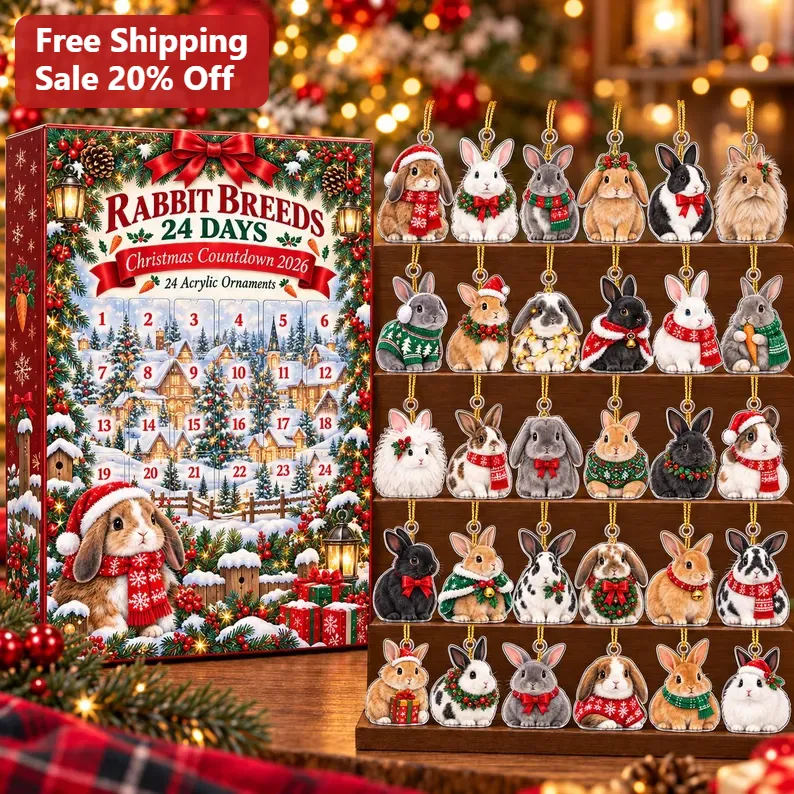 Rabbit Breeds 24 Days Christmas Countdown Ornament Set Acrylic Holiday Decor Gift for Bunny Lovers