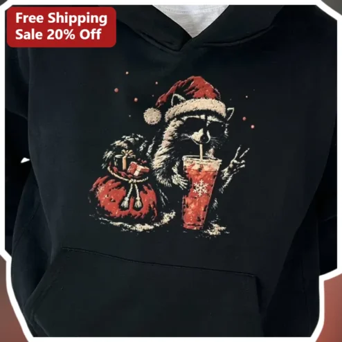 Raccoon Drinking Christmas Slushie Hoodie Funny Trash Panda Holiday Gift
