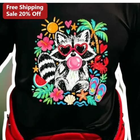 Raccoon in Heart Sunglasses Tropical Summer Graphic Long Sleeve Shirt Cute Animal Lover Gift