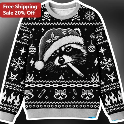 Raccoon Santa Christmas Sweater Sweatshirt Funny Stoner Ugly Xmas Gift