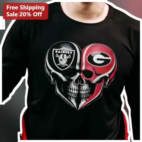 Raiders Georgia Bulldogs Skull Heart Mashup Long Sleeve Tee for Football Fans