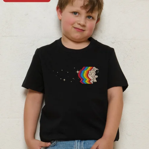 Rainbow Astronaut Space Kid Tee Retro Sci-Fi Graphic T-Shirt for Boys Girls Birthday Gift on a hanger, ready to ship from Chicago, Illinois