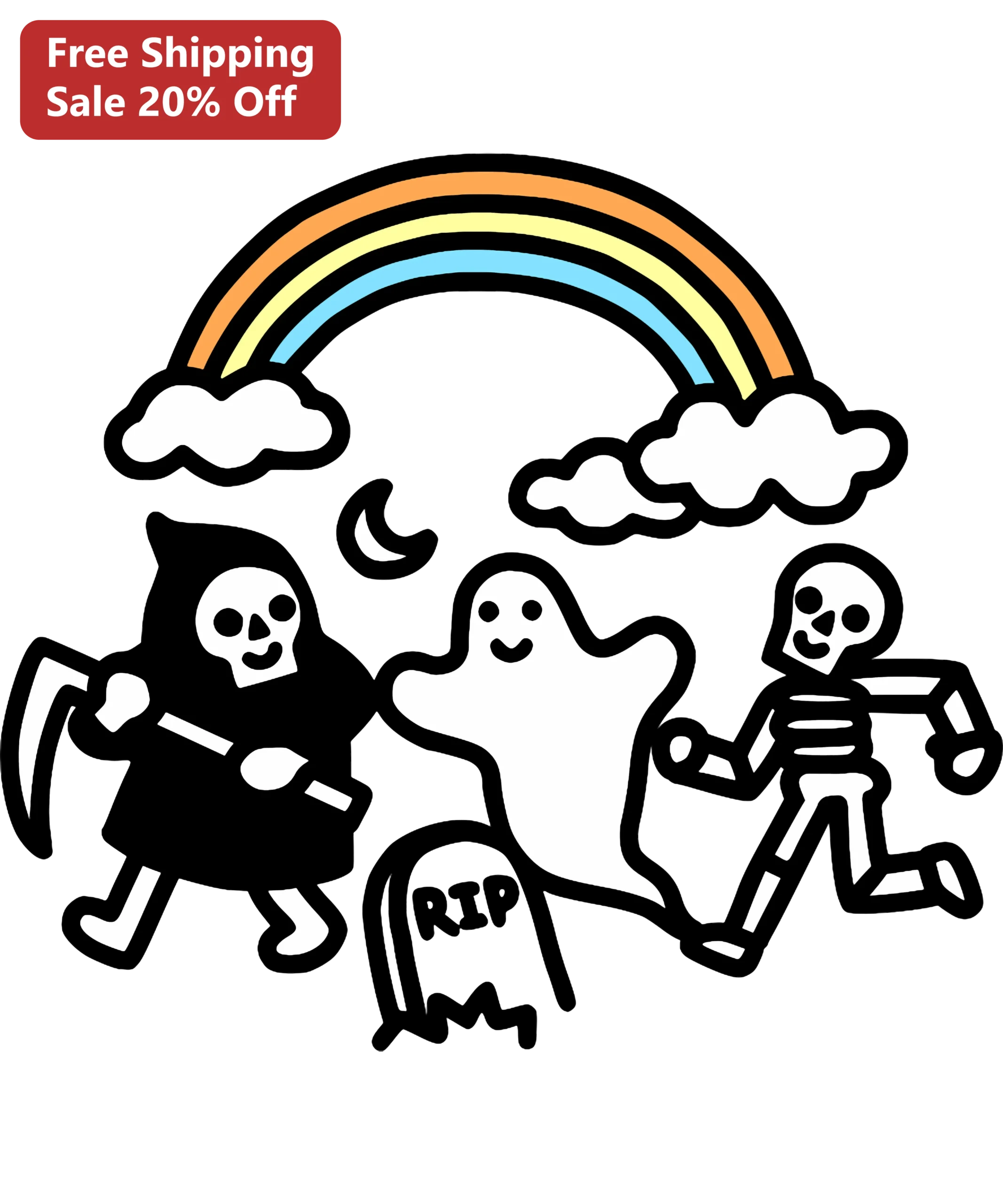 Rainbow Ghosts and Skulls Tee Spooky Cute Pastel Halloween Shirt for Women