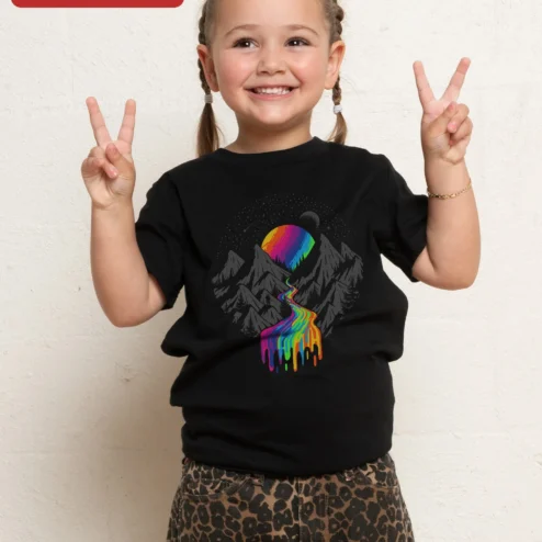 Rainbow Mountain Landscape Kids T-Shirt Psychedelic Retro Sunset Nature Adventure Graphic Tee for Bo on a hanger, ready to ship from Chicago, Illinois