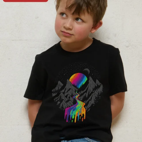 Rainbow Mountain Landscape Kids Tee Psychedelic Nature Graphic Shirt for Boys Girls Outdoor Hiking Gift