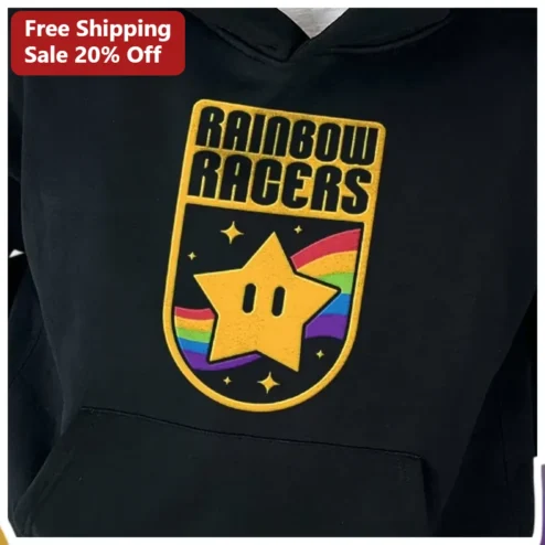 Rainbow Racers Super Star Retro Gaming Hoodie Gift for Gamers available at our Chicago, Illinois warehouse