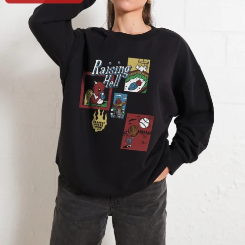 Raising Hell Hoodie Retro Cartoon Collage Graphic Sweatshirt for Women Men Unisex Streetwear