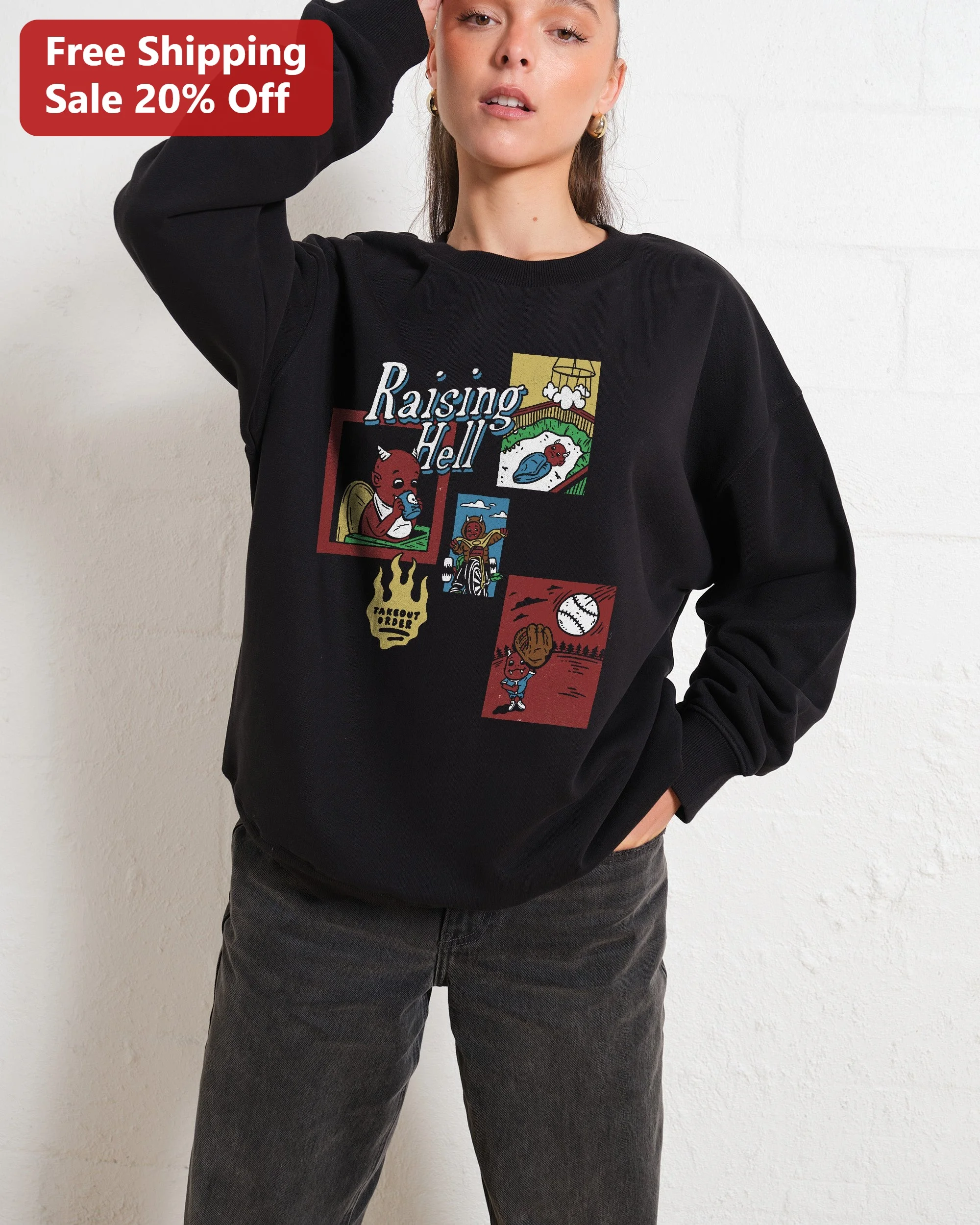 Raising Hell Hoodie Retro Cartoon Collage Graphic Sweatshirt for Women Men Unisex Streetwear