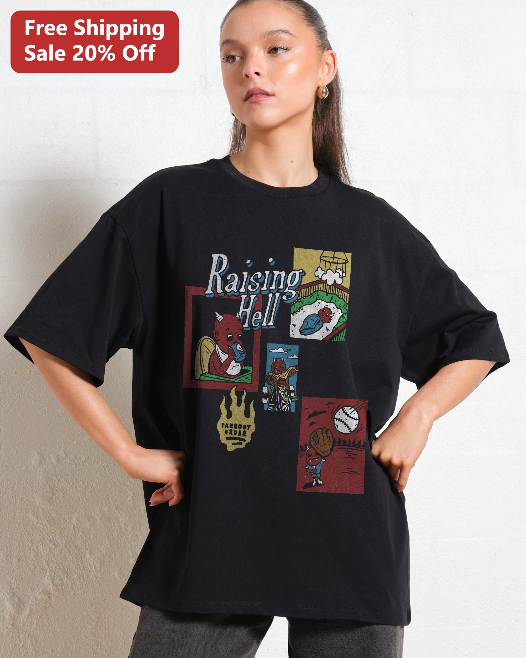 Raising Hell Takeout Order Graphic Tee Retro Devil Cartoon Streetwear Shirt