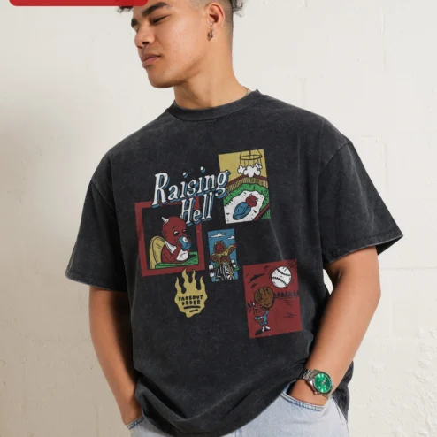 Raising Hell Takeout Order Vintage Cartoon Devil Acid Wash Tee
