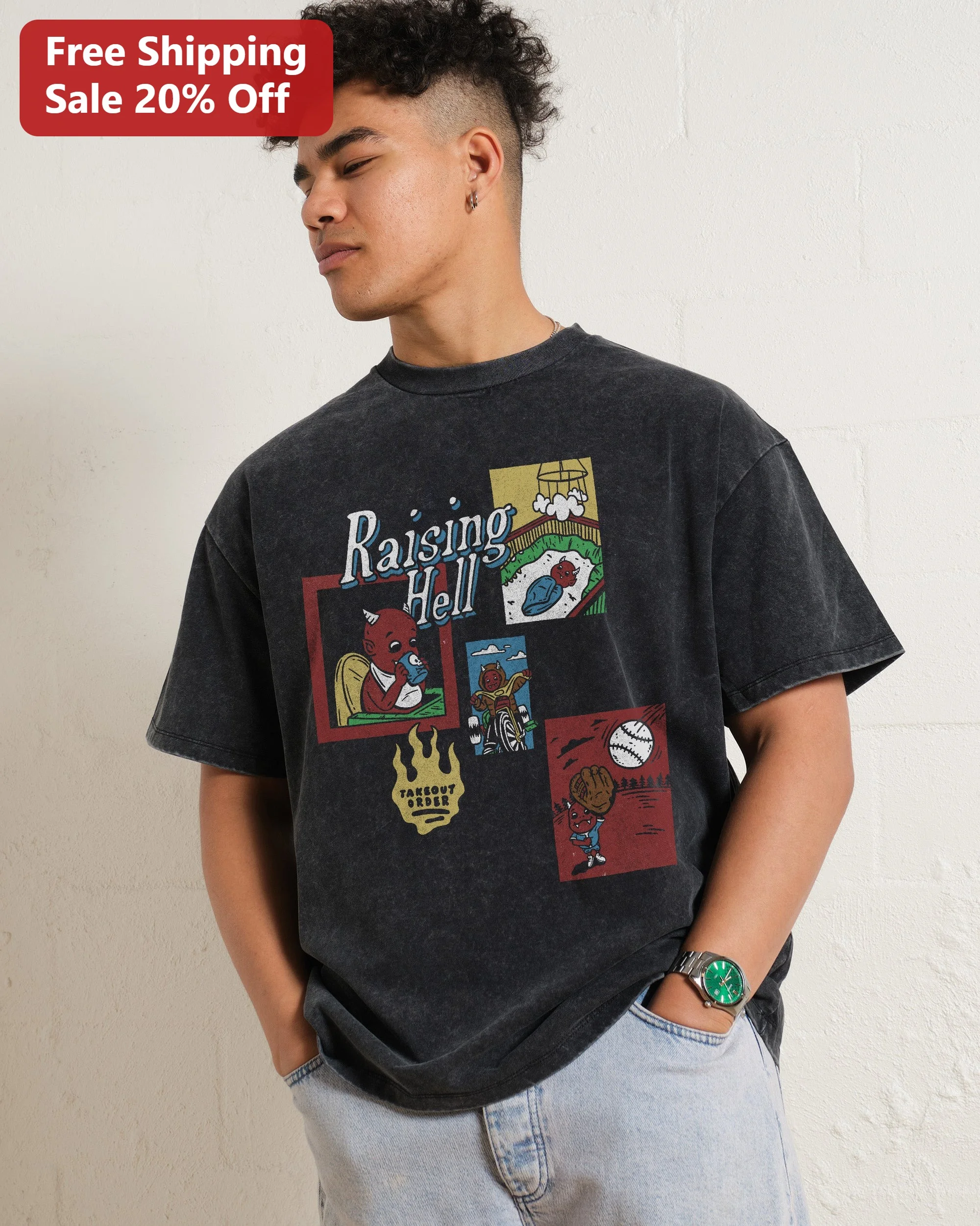 Raising Hell Takeout Order Vintage Cartoon Devil Acid Wash Tee