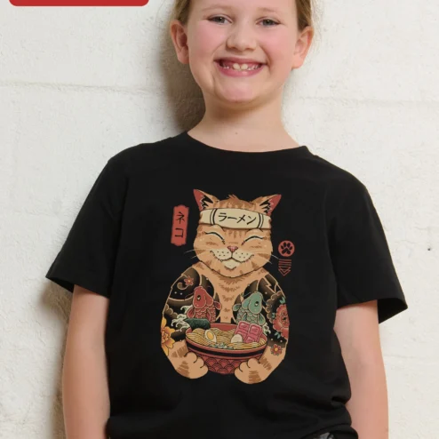 Ramen Cat Neko Graphic Tee Kawaii Japanese Lucky Cat T-Shirt Gift for Anime Fans and Foodies