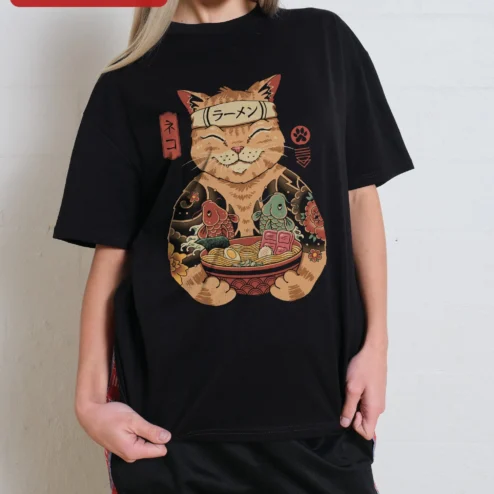 Ramen Neko Cat Graphic Tee Japanese Maneki Neko Lucky Cat Ramen Bowl Ukiyo-e Style Gift for Cat Lovers