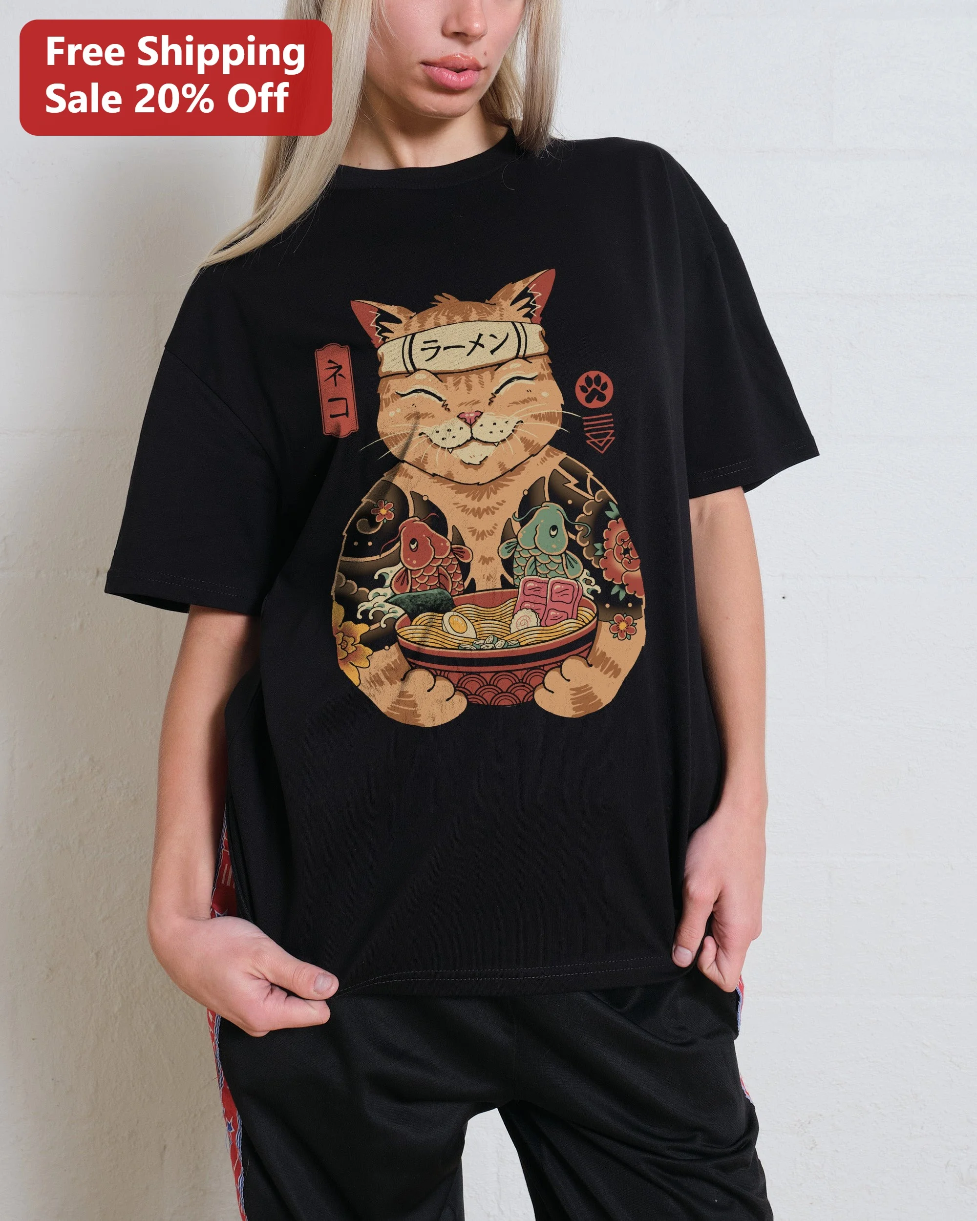 Ramen Neko Cat Graphic Tee Japanese Maneki Neko Lucky Cat Ramen Bowl Ukiyo-e Style Gift for Cat Lovers