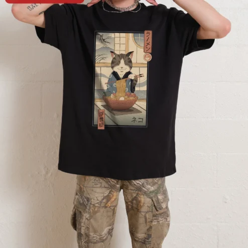 Ramen Neko Tee Cat Eating Ramen Ukiyo-e Graphic T-Shirt Gift for Anime Fans