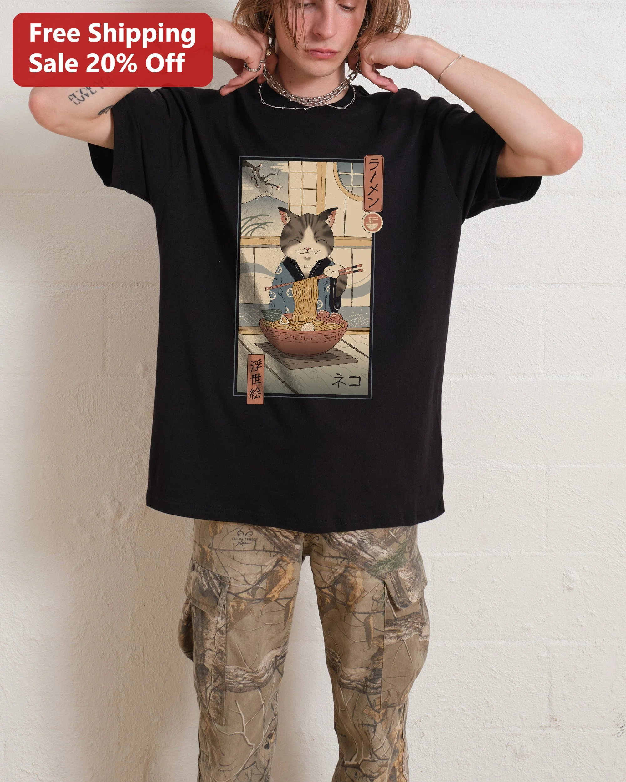 Ramen Neko Tee Cat Eating Ramen Ukiyo-e Graphic T-Shirt Gift for Anime Fans