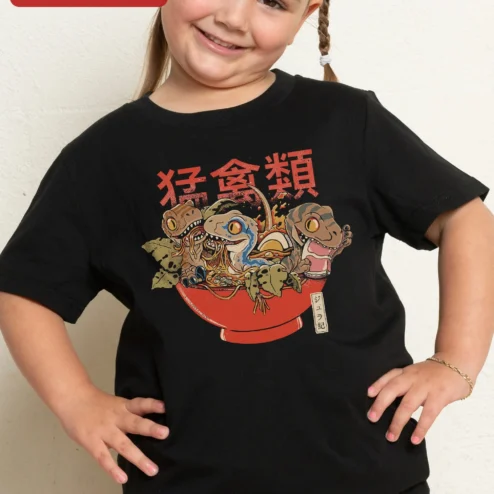 Ramen Raptors Kids Tee Velociraptor Eating Noodles Cartoon Graphic T-Shirt