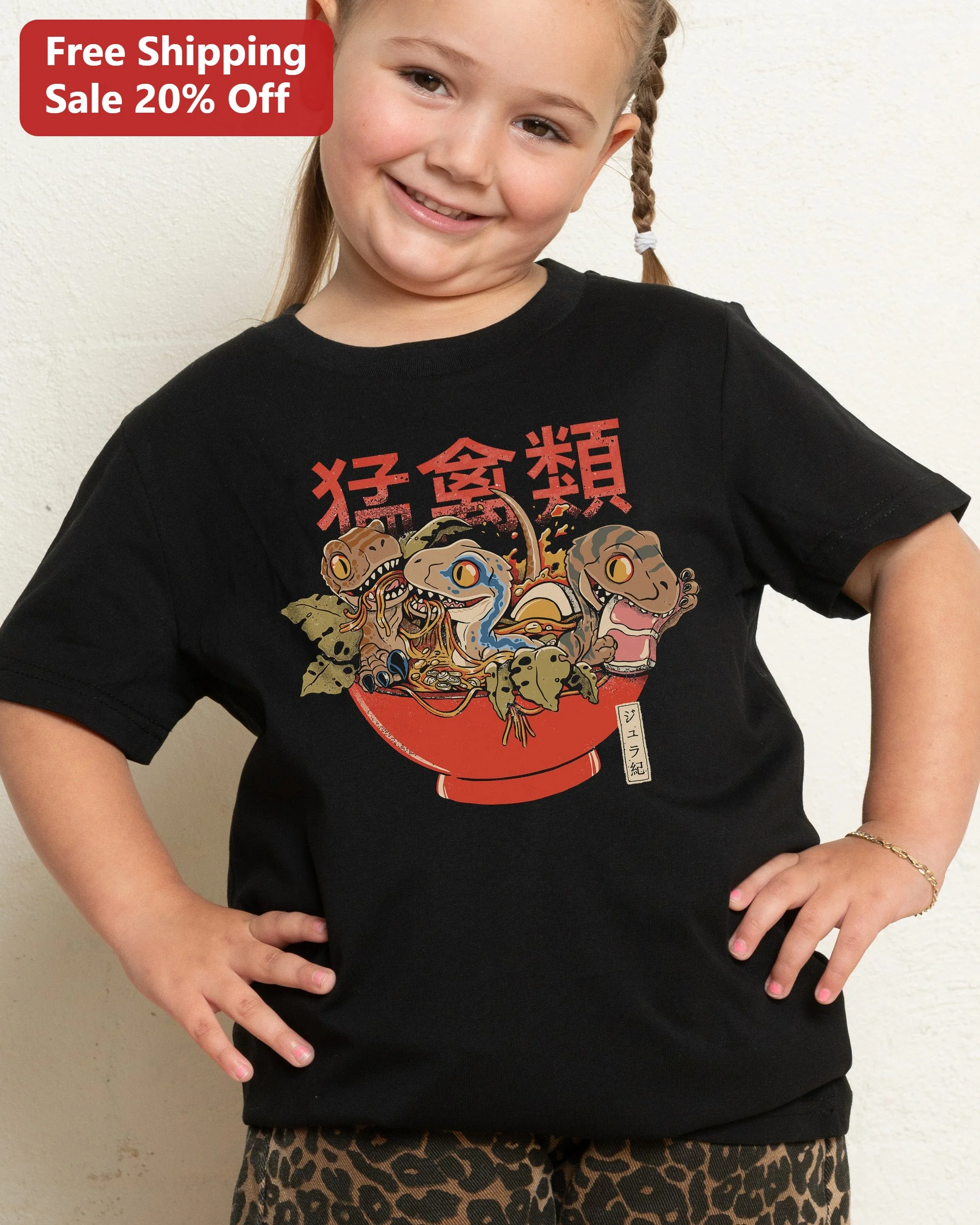 Ramen Raptors Kids Tee Velociraptor Eating Noodles Cartoon Graphic T-Shirt