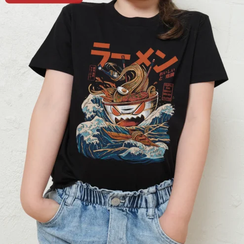Ramen The Great Ramen Monster Ukiyo-e Parody Kids Tee Japanese Noodle Graphic Shirt