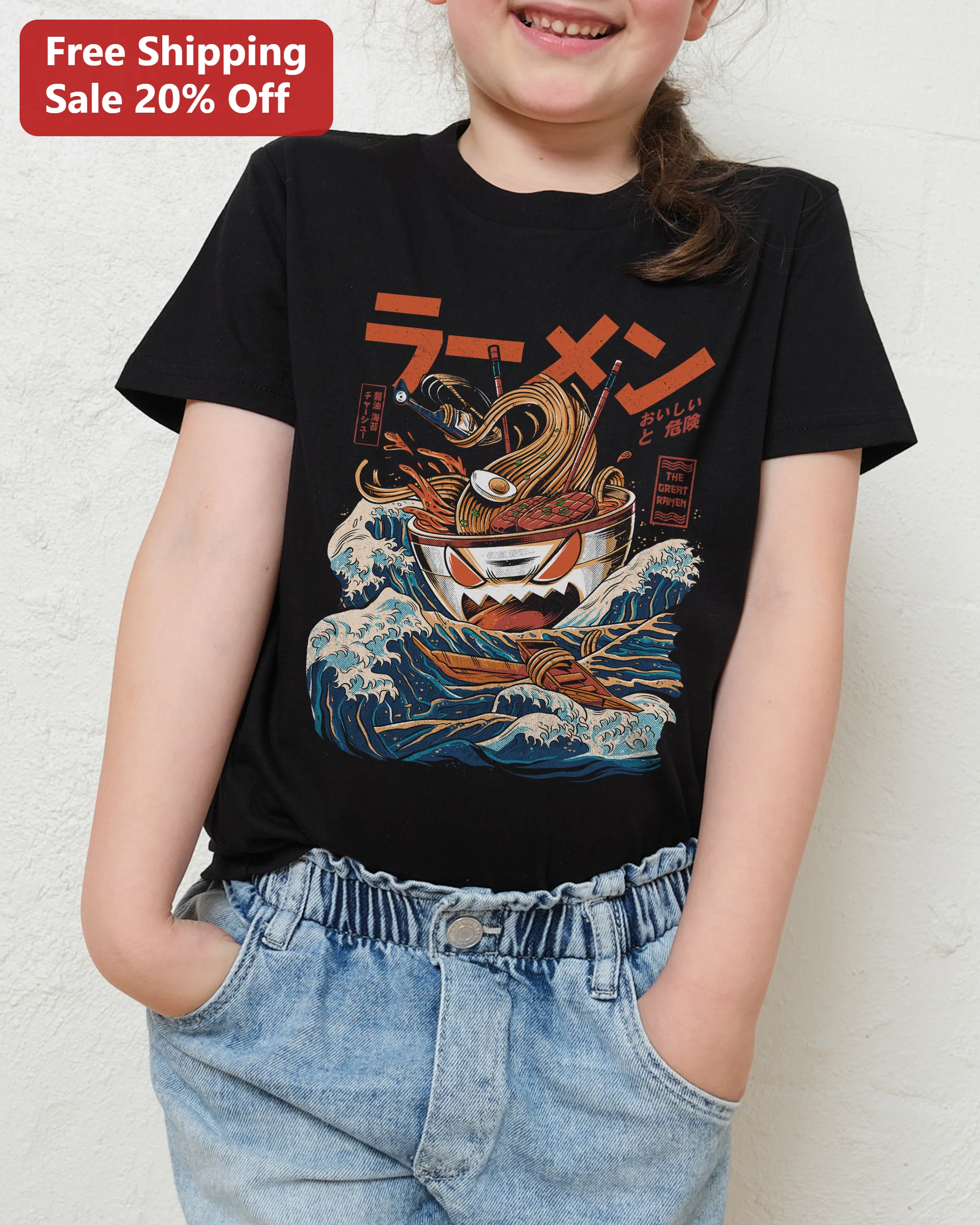 Ramen The Great Ramen Monster Ukiyo-e Parody Kids Tee Japanese Noodle Graphic Shirt