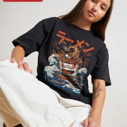 Ramen The Great Waven Graphic Tee Japanese Food Art Shirt Hokusai Parody Noodle Monster Design
