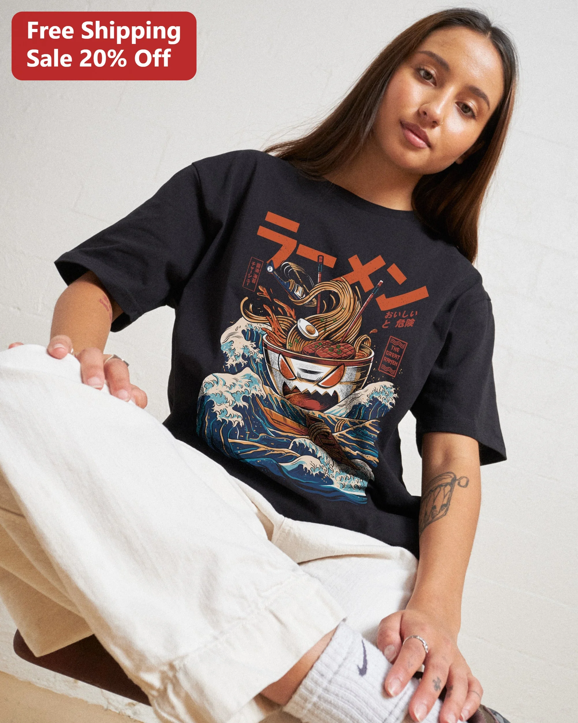 Ramen The Great Waven Graphic Tee Japanese Food Art Shirt Hokusai Parody Noodle Monster Design