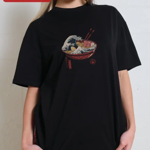 Ramen Wonderful Tee Great Wave Hokusai Parody Graphic Shirt for Foodies Anime Fans
